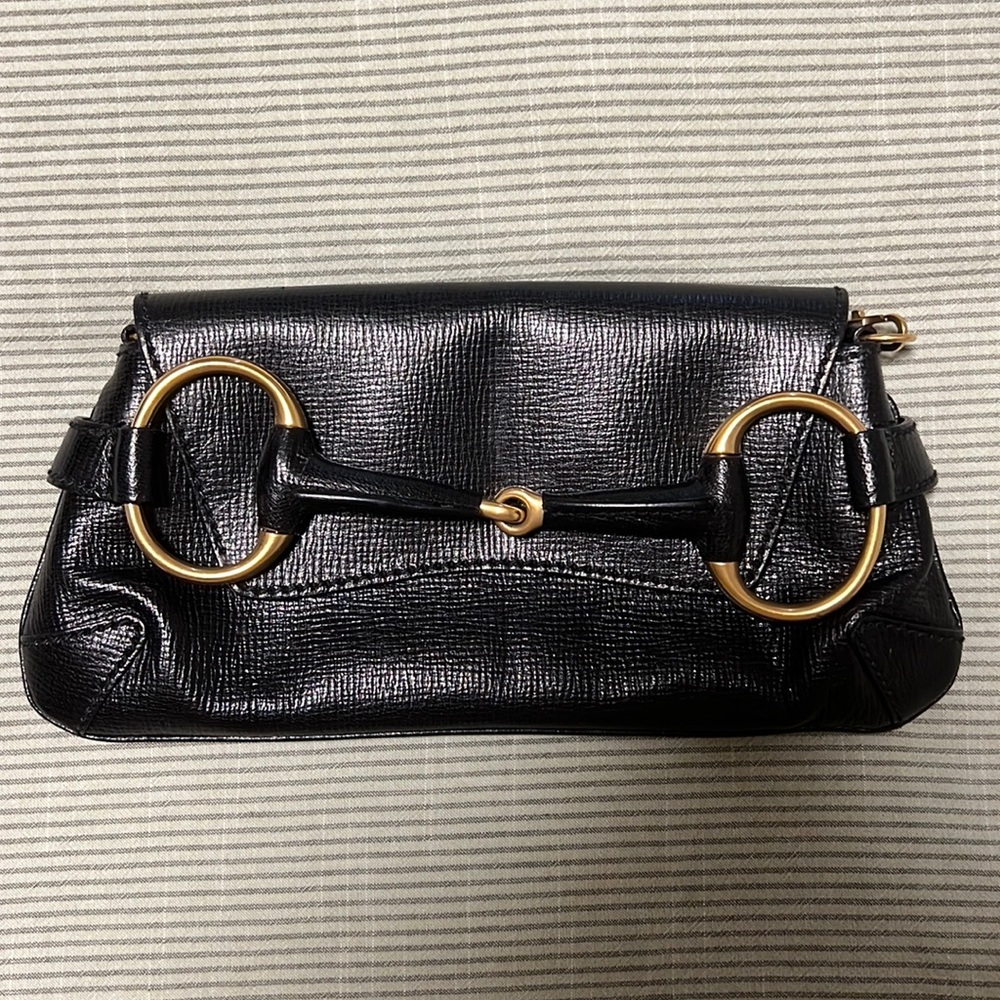 Gucci Black Leather Horsebit Chain Clutch